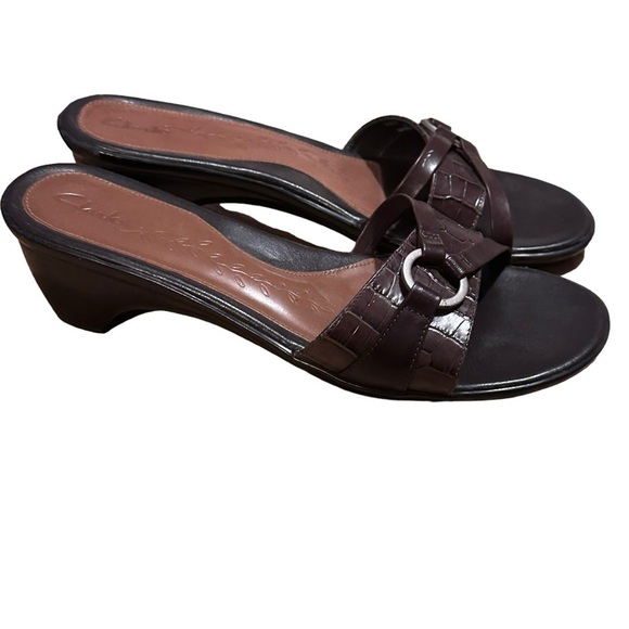 Clarks Brown Leather Faux Croc Heel Slip On Sandals 75676 Size‎ 9 M - Picture 3 of 15